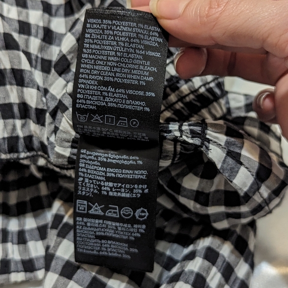 H&M Women's US Medium-Large Gingham Checkered Black/White Ruffled Peplum Blouse - Picture 6 of 8